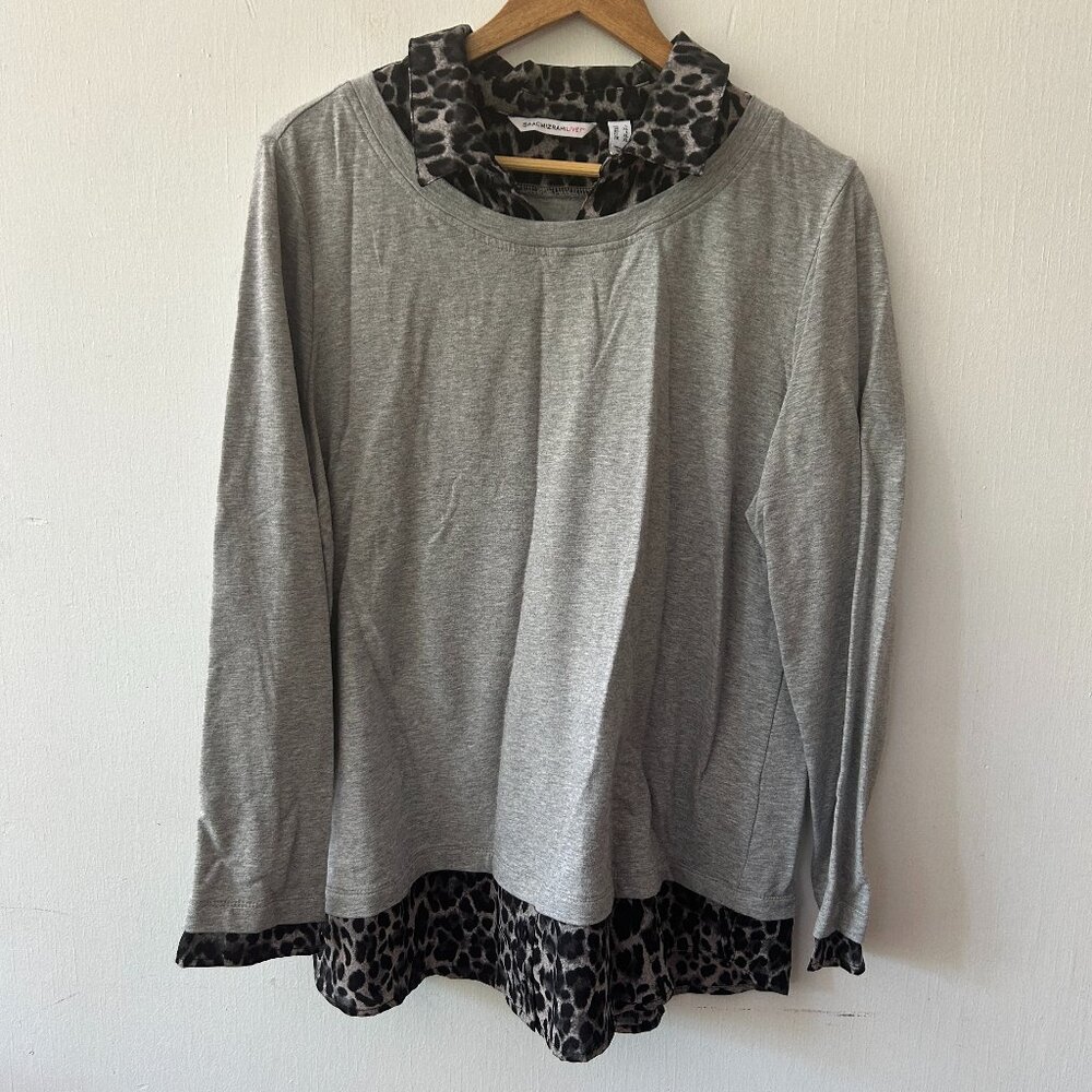 Isaac Mizrahi Live Pullover Large Gray‎ Animal Print Collared Preppy Maximalist